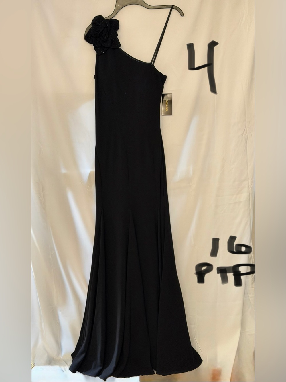 Taylor Black One-Shoulder Evening Dress with Floral Shoulder Accent